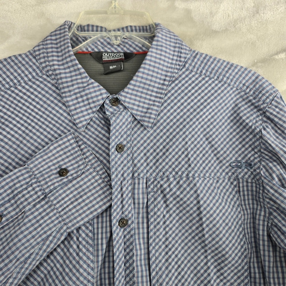 Outdoor Research Mens medium Baja Shirt Blue Gingham Long‎ Sleeve Size